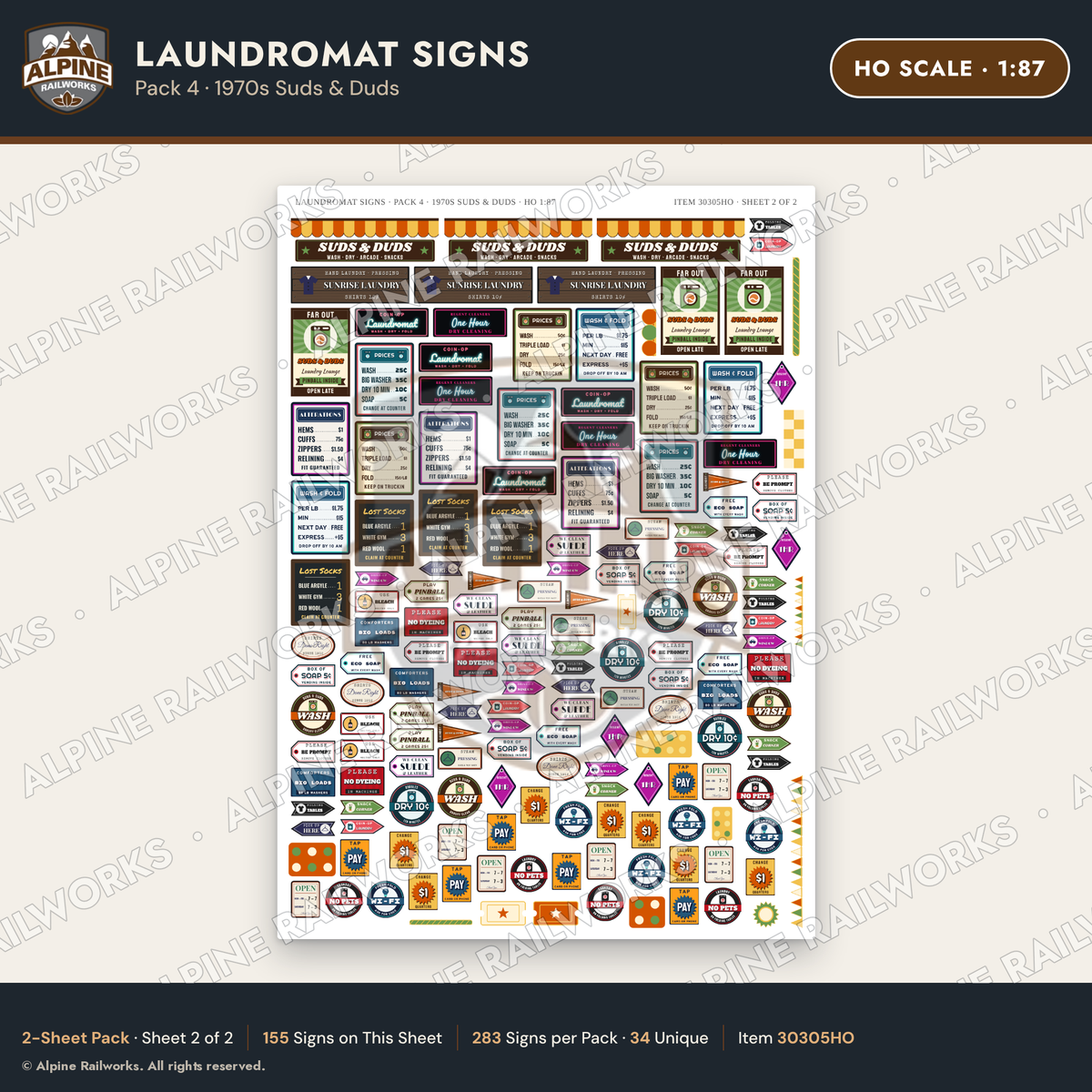 Alpine Railworks 30305HO HO Scale Laundromat Signs - 1970s Suds & Duds
