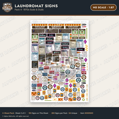 Alpine Railworks 30305HO HO Scale Laundromat Signs - 1970s Suds & Duds