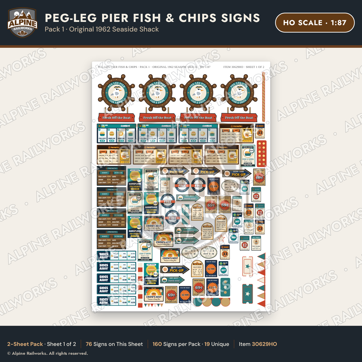 Alpine Railworks 30629HO HO Scale Fast Food Signs - Fish & Chips