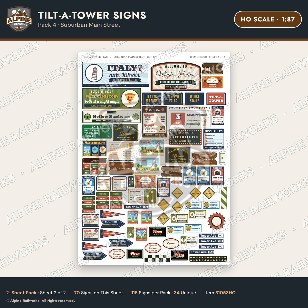 Alpine Railworks 31053HO HO Scale Roadside Signs - Leaning Tower