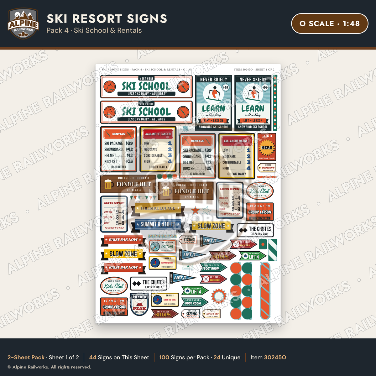 Alpine Railworks 30245O O Scale Ski Resort Signs - Ski School