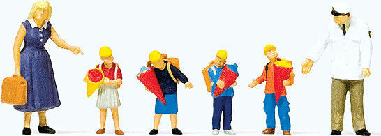 Preiser 10596 HO Scale Pedestrians -- First Day at School Man, Woman, 4 Children