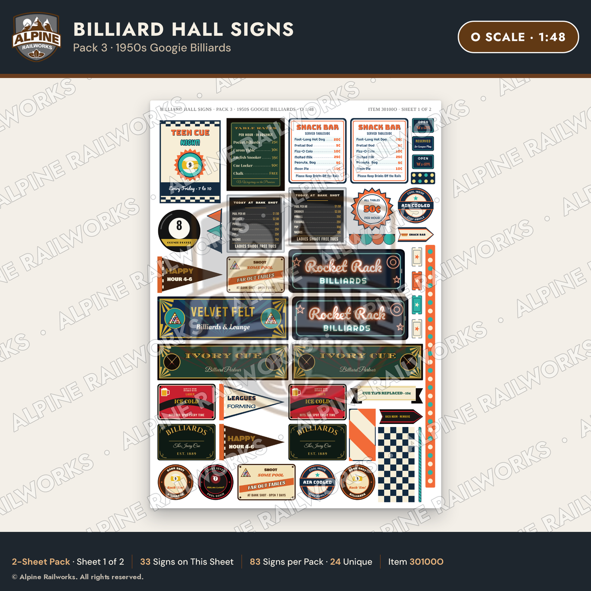 Alpine Railworks 30100O O Scale Billiard Hall Signs - Googie Billiards
