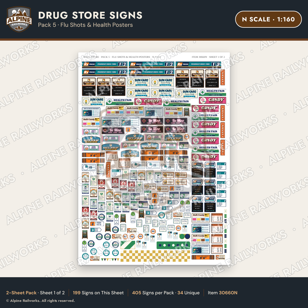 Alpine Railworks 30660N N Scale Drug Store Signs - Flu Shots