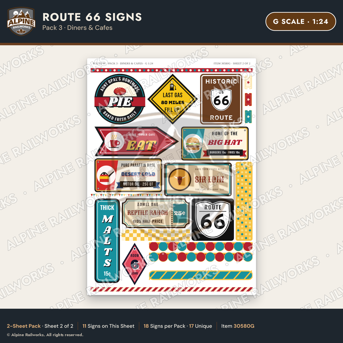Alpine Railworks 30580G G Scale Route 66 Highway Signs - Diners