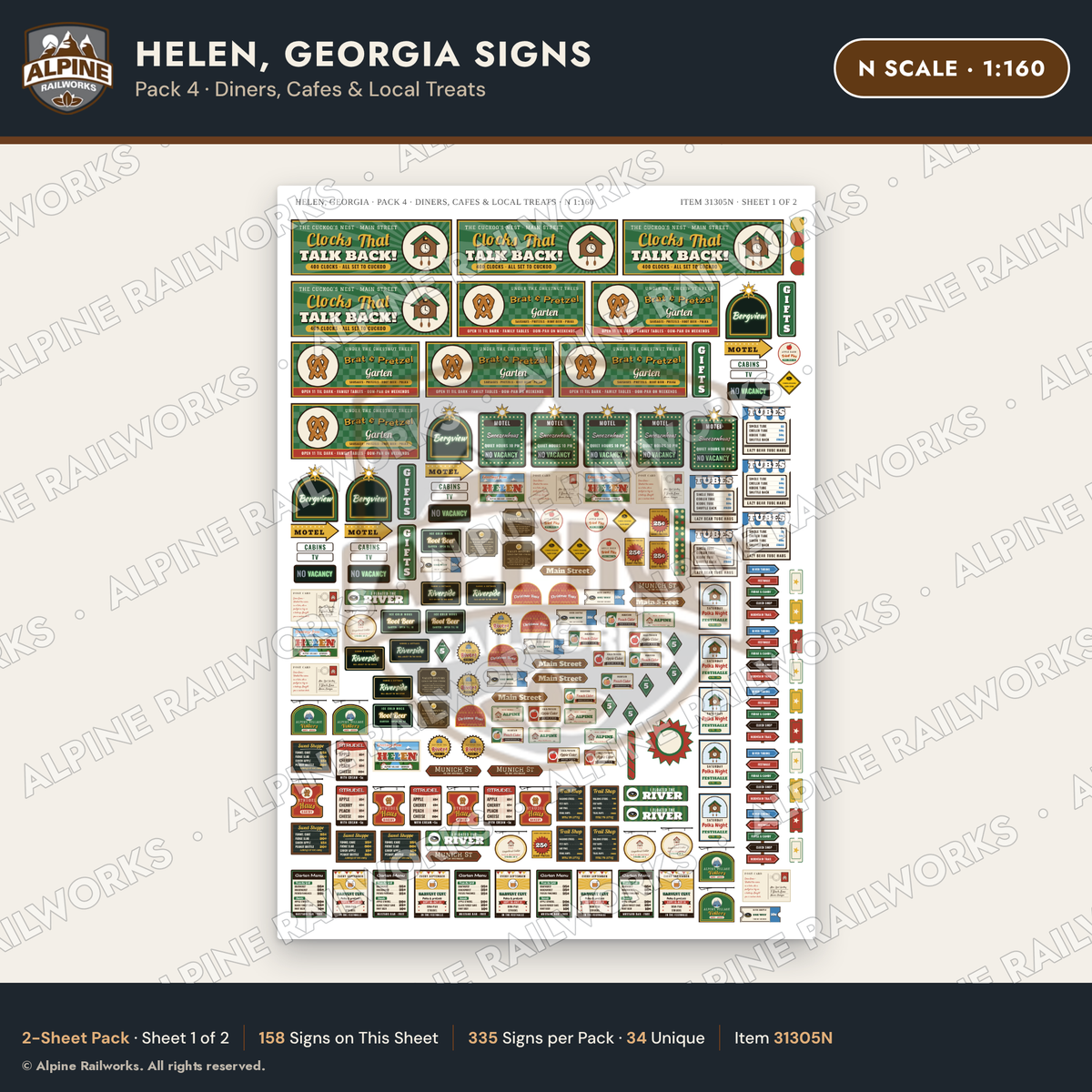 Alpine Railworks 31305N N Scale Helen GA Signs - Diners & Cafes