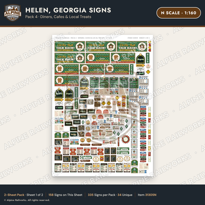 Alpine Railworks 31305N N Scale Helen GA Signs - Diners & Cafes