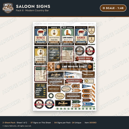 Alpine Railworks 30139O O Scale Saloon Signs - Modern Country Bar