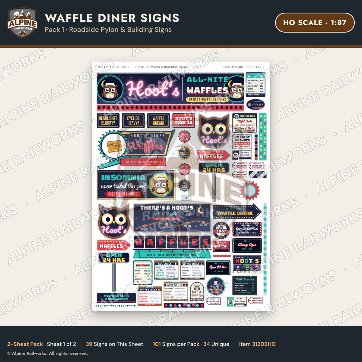 Alpine Railworks 31206HO HO Scale Waffle Diner Signs - Roadside Pylon