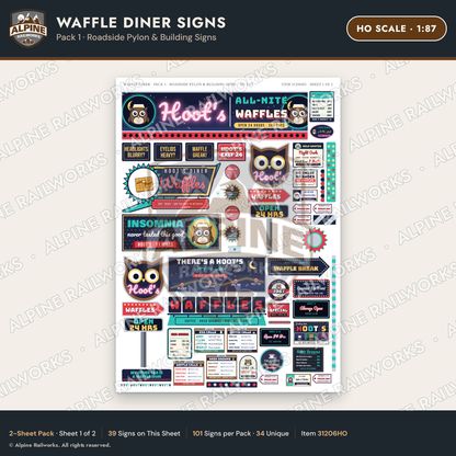 Alpine Railworks 31206HO HO Scale Waffle Diner Signs - Roadside Pylon
