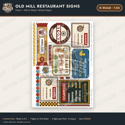 Alpine Railworks 31200G G Scale Old Mill Signs - Mill & Water Wheel