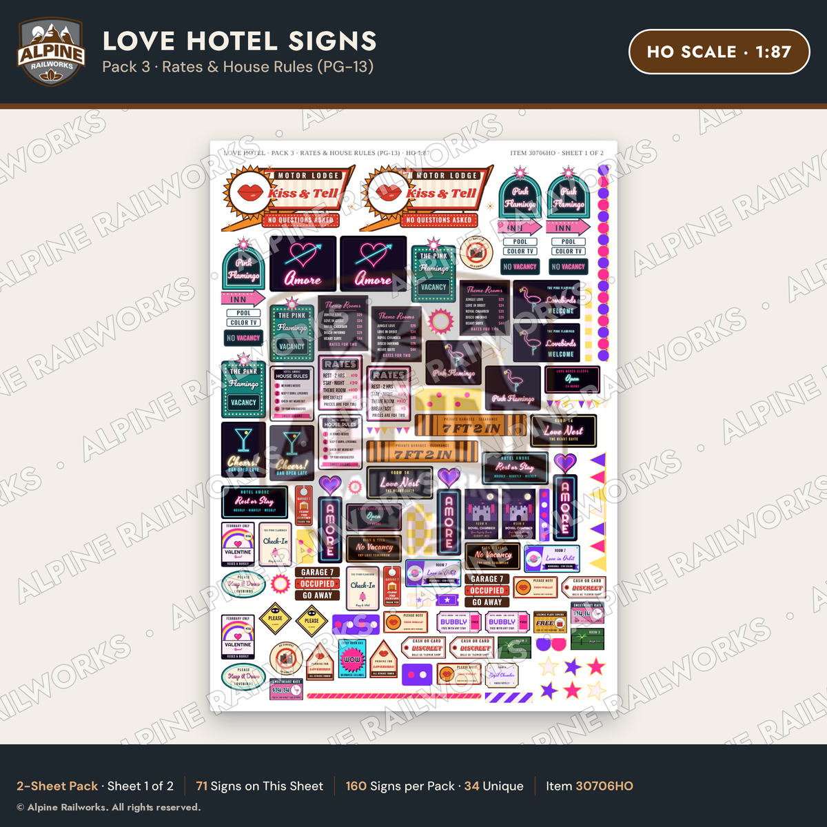 Alpine Railworks 30706HO HO Scale Love Hotel Signs - Rates