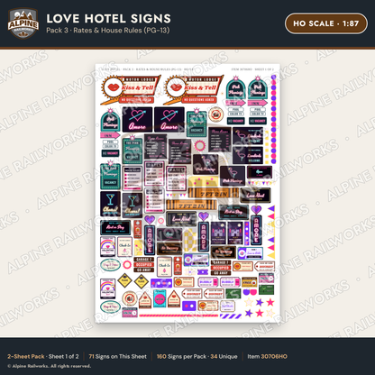 Alpine Railworks 30706HO HO Scale Love Hotel Signs - Rates