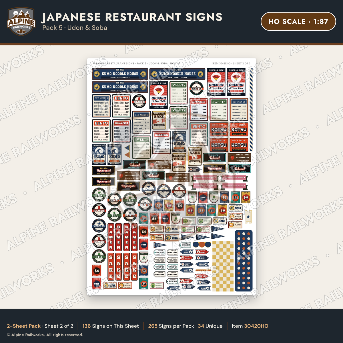 Alpine Railworks 30420HO HO Scale Japanese Restaurant Signs - Udon