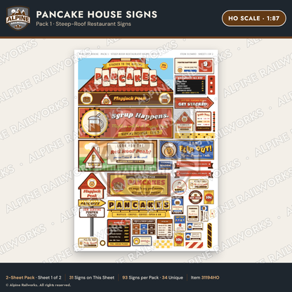 Alpine Railworks 31194HO HO Scale Pancake House Signs - Storefront