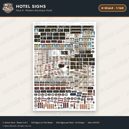 Alpine Railworks 30127N N Scale Hotel Signs - Modern Boutique Hotel