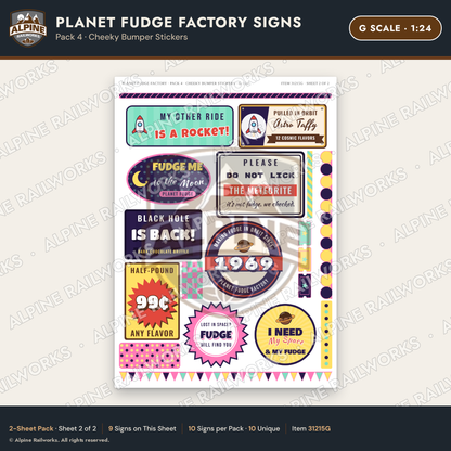 Alpine Railworks 31215G G Scale Fudge Factory Signs - Bumper Stickers