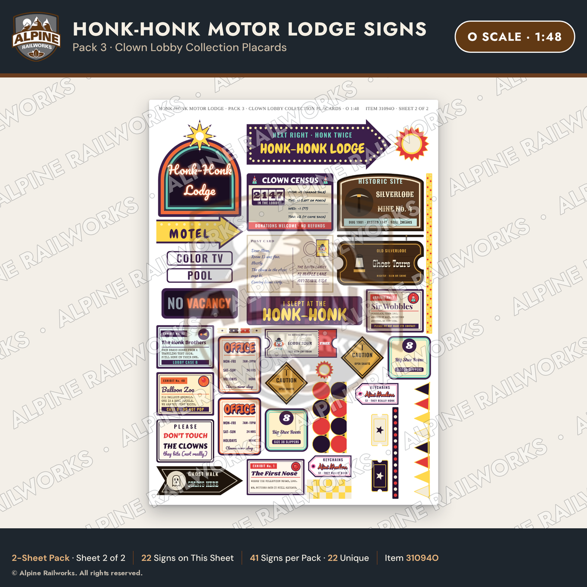 Alpine Railworks 31094O O Scale Roadside Signs - Clown Motel