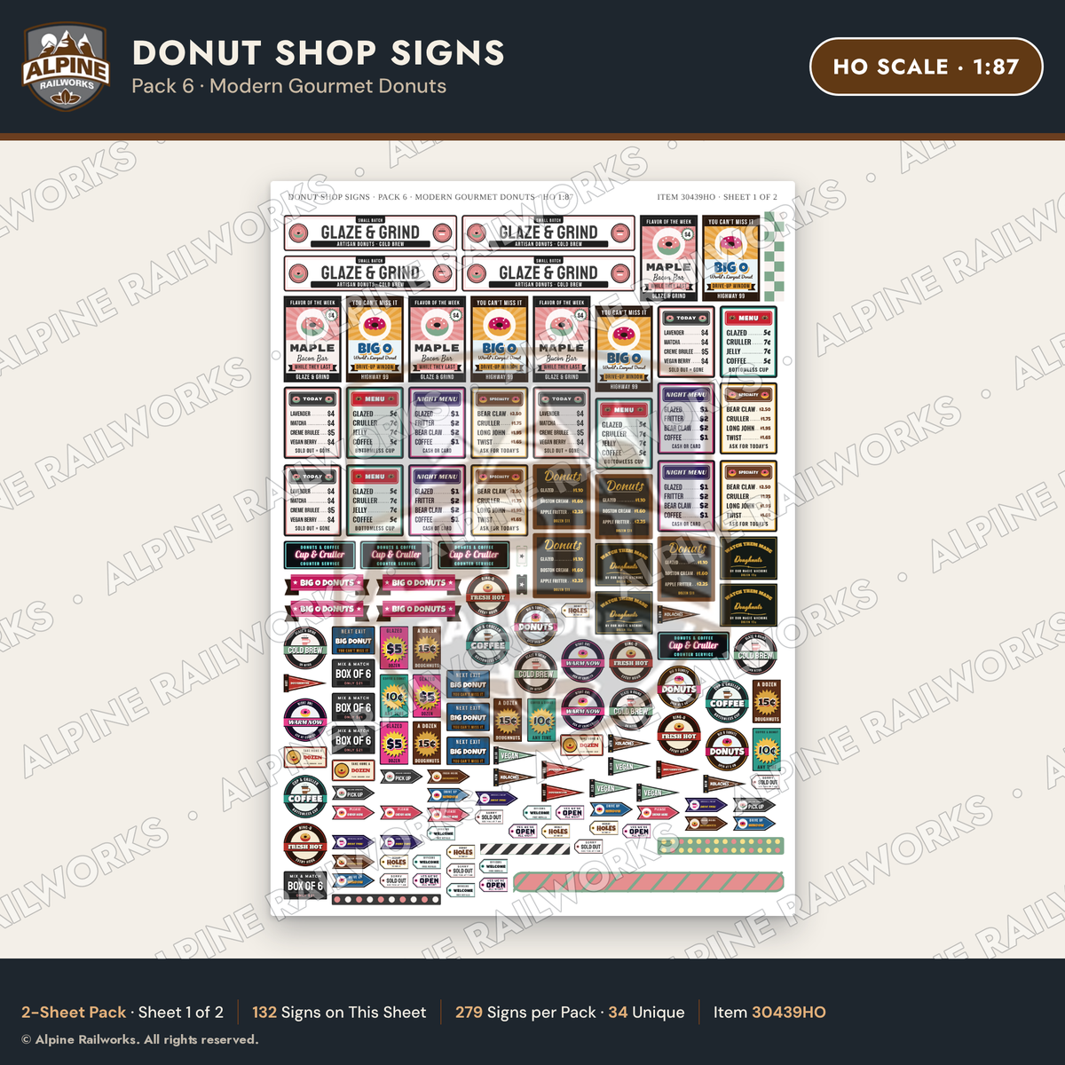 Alpine Railworks 30439HO HO Scale Donut Shop Signs