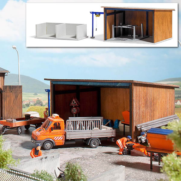 Busch 1457 HO Scale Road Maintenance Vehicle Servicing Garage w/Gravel/Salt Bins -- Laser-Cut Wood Kit - 3-11/16 x 3-11/16 x 2-1/4" 9.3 x 9.3 x 5.7cm