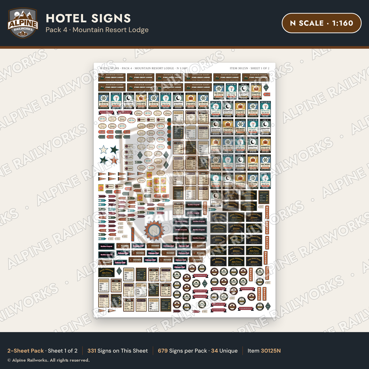 Alpine Railworks 30125N N Scale Hotel Signs - Mountain Resort Lodge