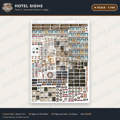 Alpine Railworks 30125N N Scale Hotel Signs - Mountain Resort Lodge