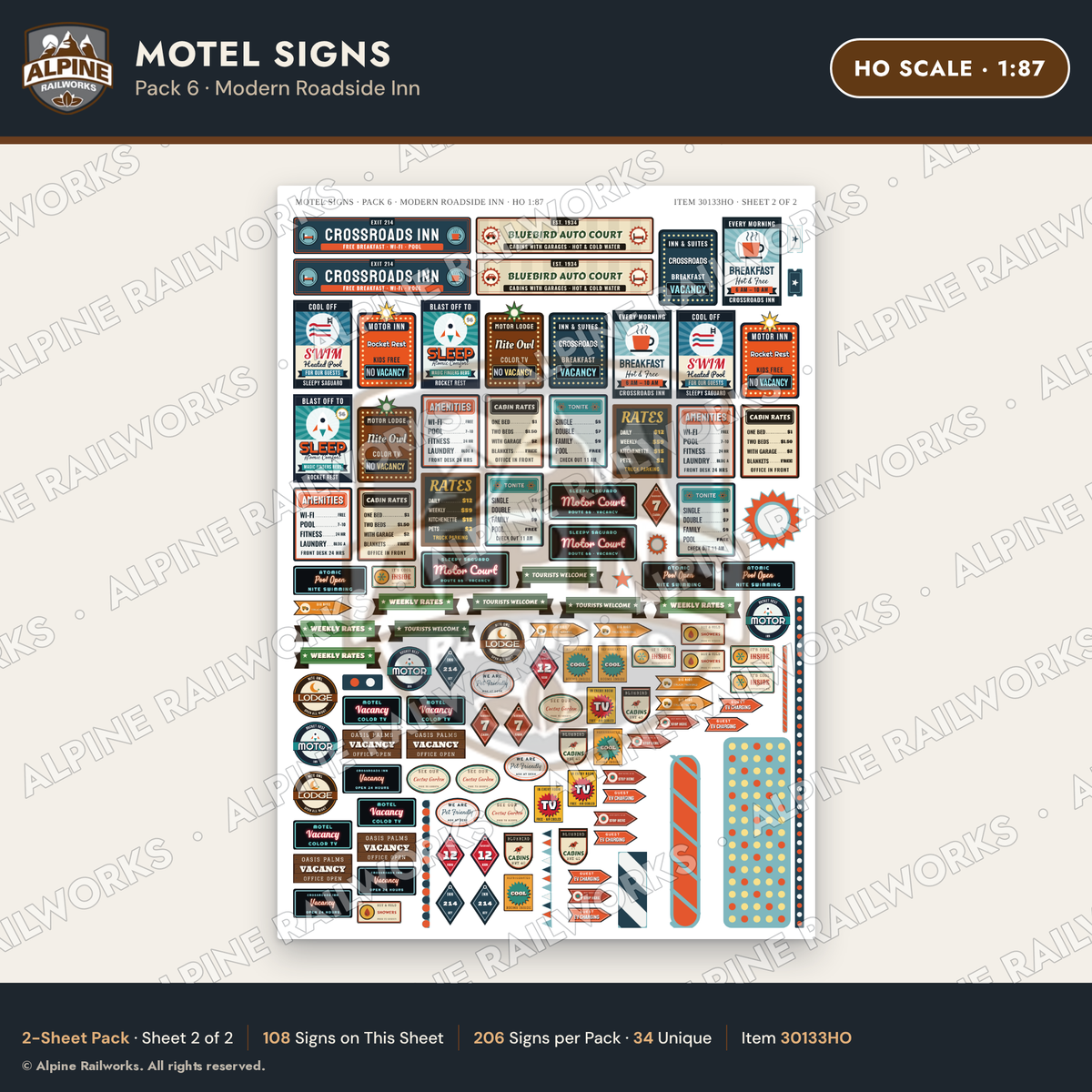 Alpine Railworks 30133HO HO Scale Motel Signs - Modern Roadside Inn