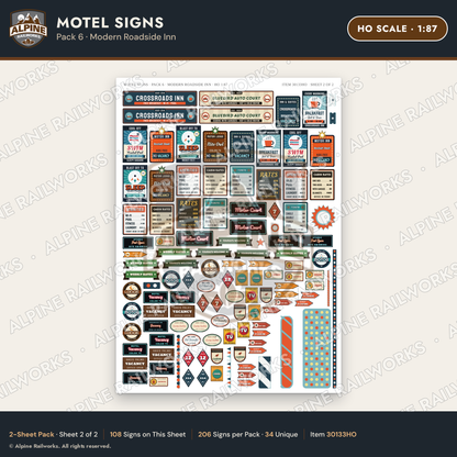 Alpine Railworks 30133HO HO Scale Motel Signs - Modern Roadside Inn