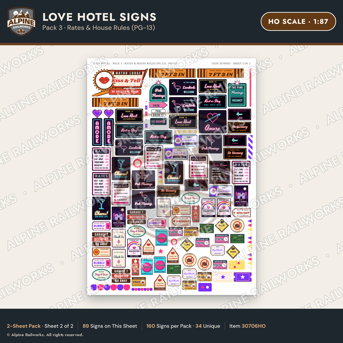 Alpine Railworks 30706HO HO Scale Love Hotel Signs - Rates