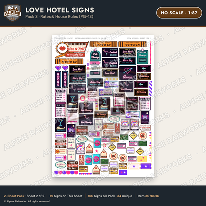 Alpine Railworks 30706HO HO Scale Love Hotel Signs - Rates