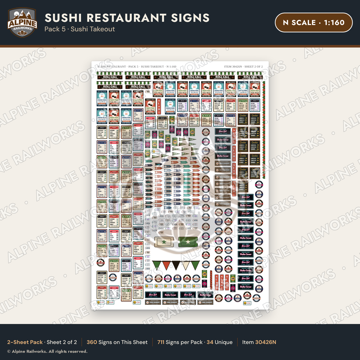 Alpine Railworks 30426N N Scale Sushi Restaurant Signs - Sushi Takeout
