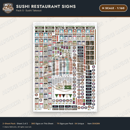 Alpine Railworks 30426N N Scale Sushi Restaurant Signs - Sushi Takeout