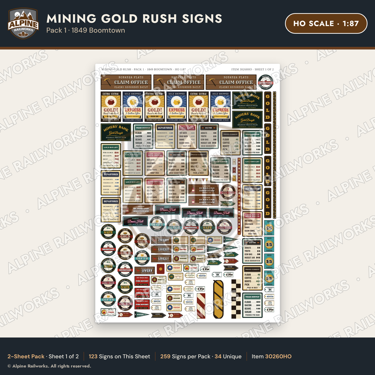 Alpine Railworks 30260HO HO Scale Mining Gold Rush Signs - Boomtown