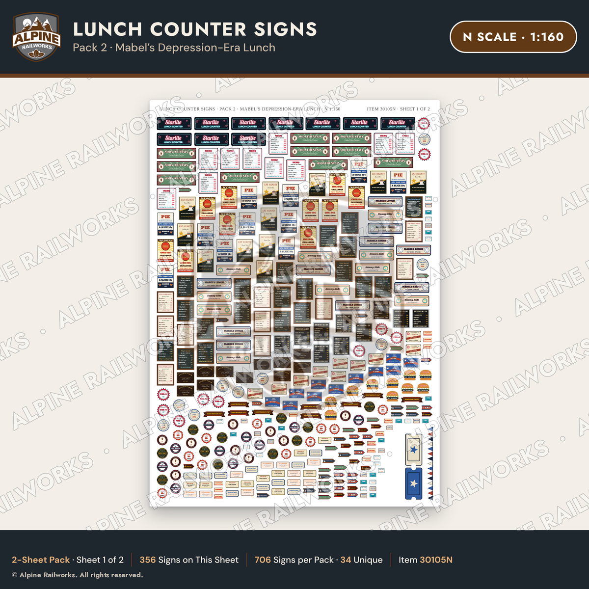 Alpine Railworks 30105N N Scale Lunch Counter Signs