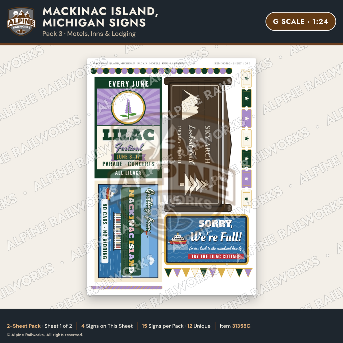 Alpine Railworks 31358G G Scale Mackinac Island Signs - Motels & Inns