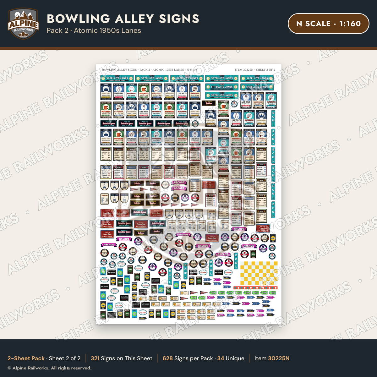 Alpine Railworks 30225N N Scale Bowling Alley Signs - Atomic Lanes