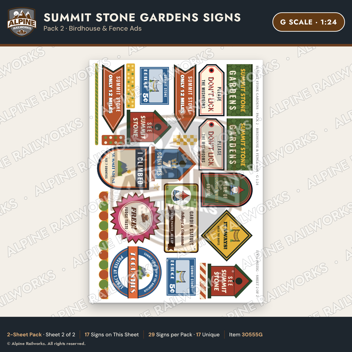 Alpine Railworks 30555G G Scale Roadside Signs - Rock Garden