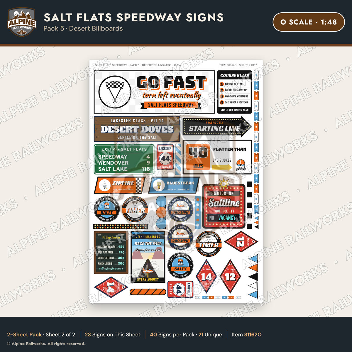 Alpine Railworks 31162O O Scale Racing Signs - Salt Flats Speedway