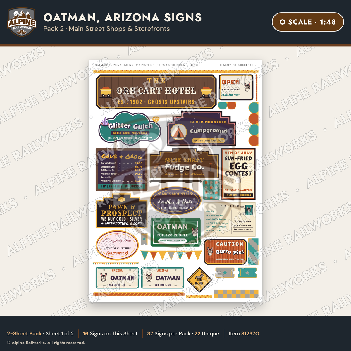 Alpine Railworks 31237O O Scale Oatman AZ Signs - Main Street Shops