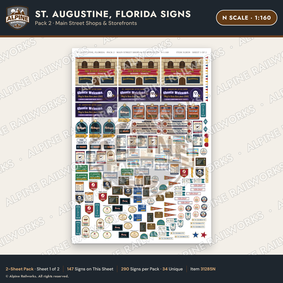 Alpine Railworks 31285N N Scale St. Augustine FL Signs - Shops