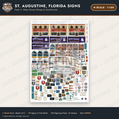 Alpine Railworks 31285N N Scale St. Augustine FL Signs - Shops