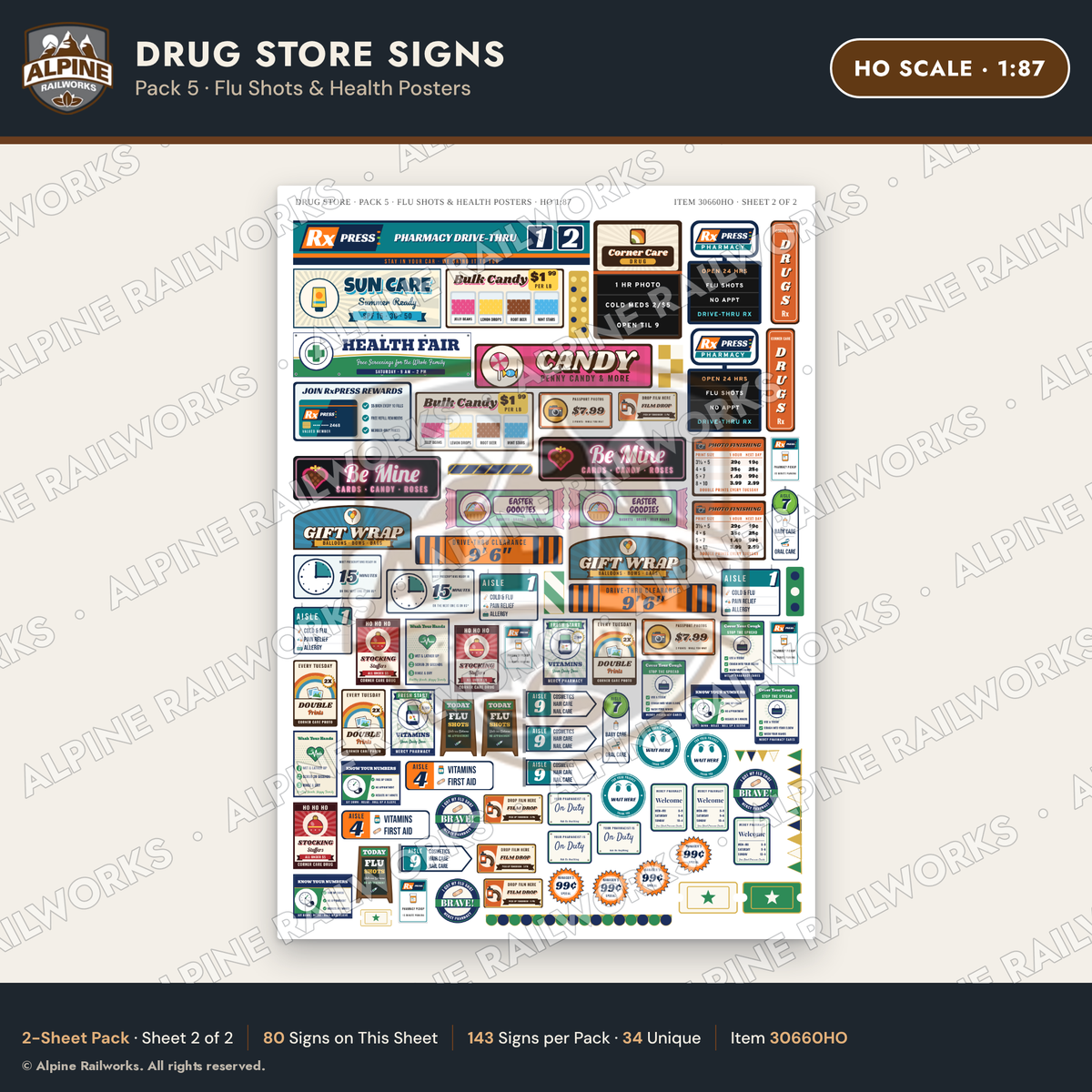 Alpine Railworks 30660HO HO Scale Drug Store Signs - Flu Shots