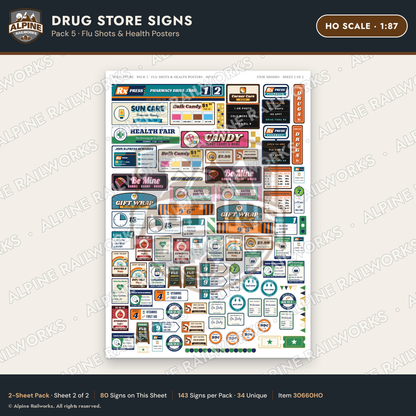 Alpine Railworks 30660HO HO Scale Drug Store Signs - Flu Shots
