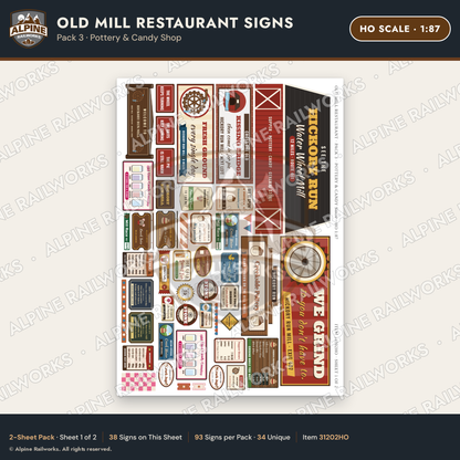 Alpine Railworks 31202HO HO Scale Old Mill Signs - Pottery & Candy