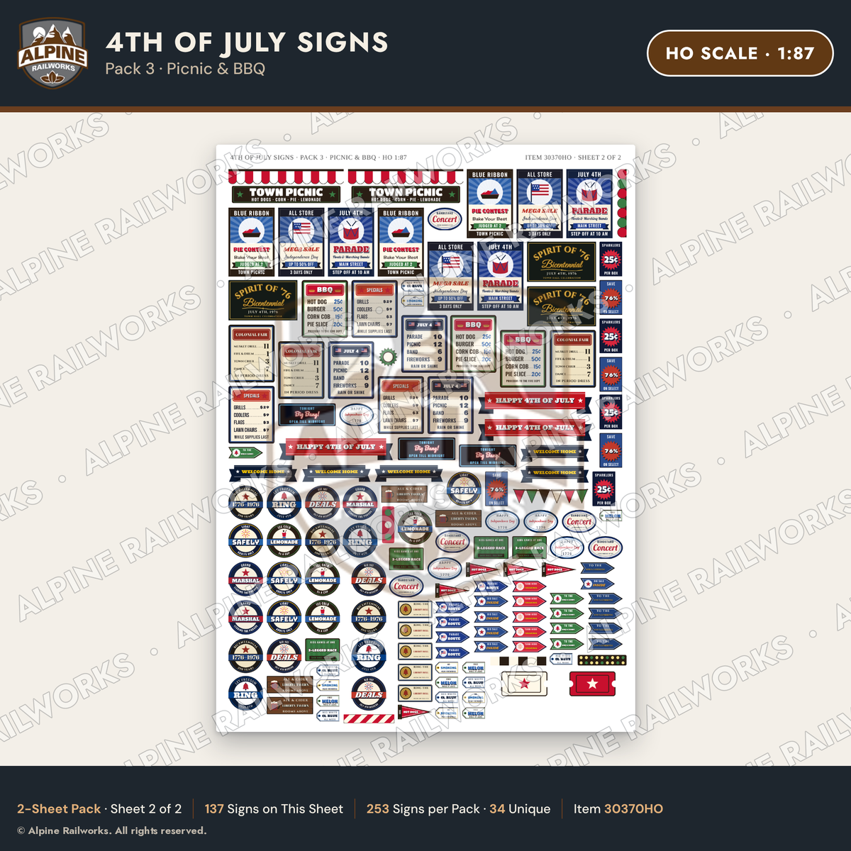 Alpine Railworks 30370HO HO Scale 4th of July Signs - Picnic & BBQ