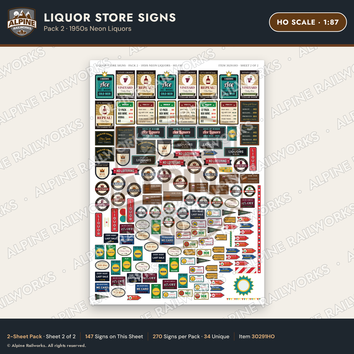 Alpine Railworks 30291HO HO Scale Liquor Store Signs - Neon Liquors