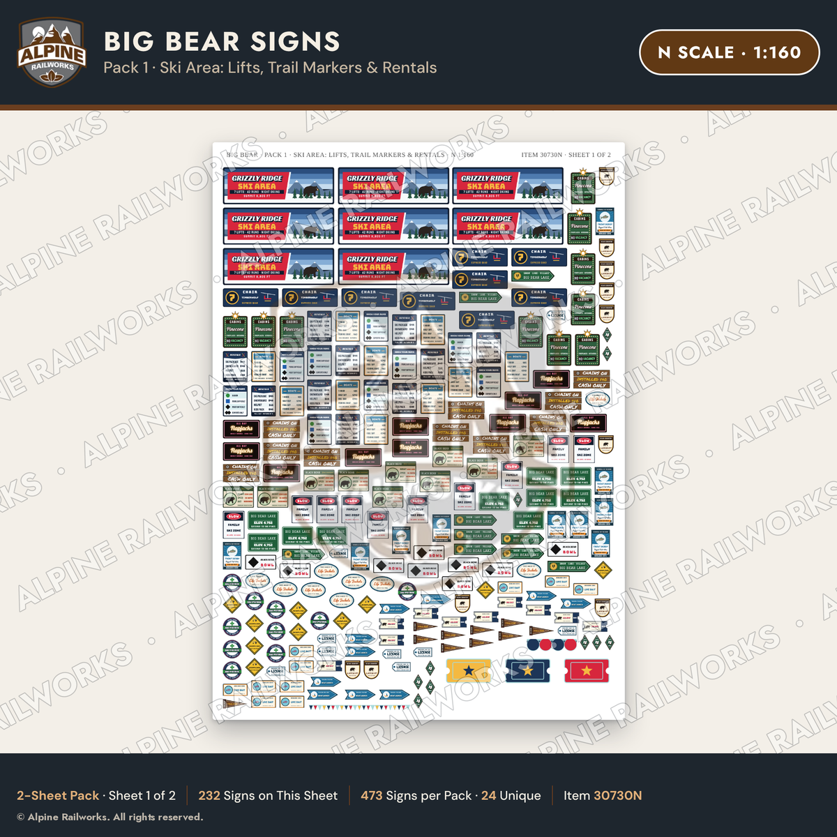 Alpine Railworks 30730N N Scale Tourist Signs - Big Bear Lake - Lifts