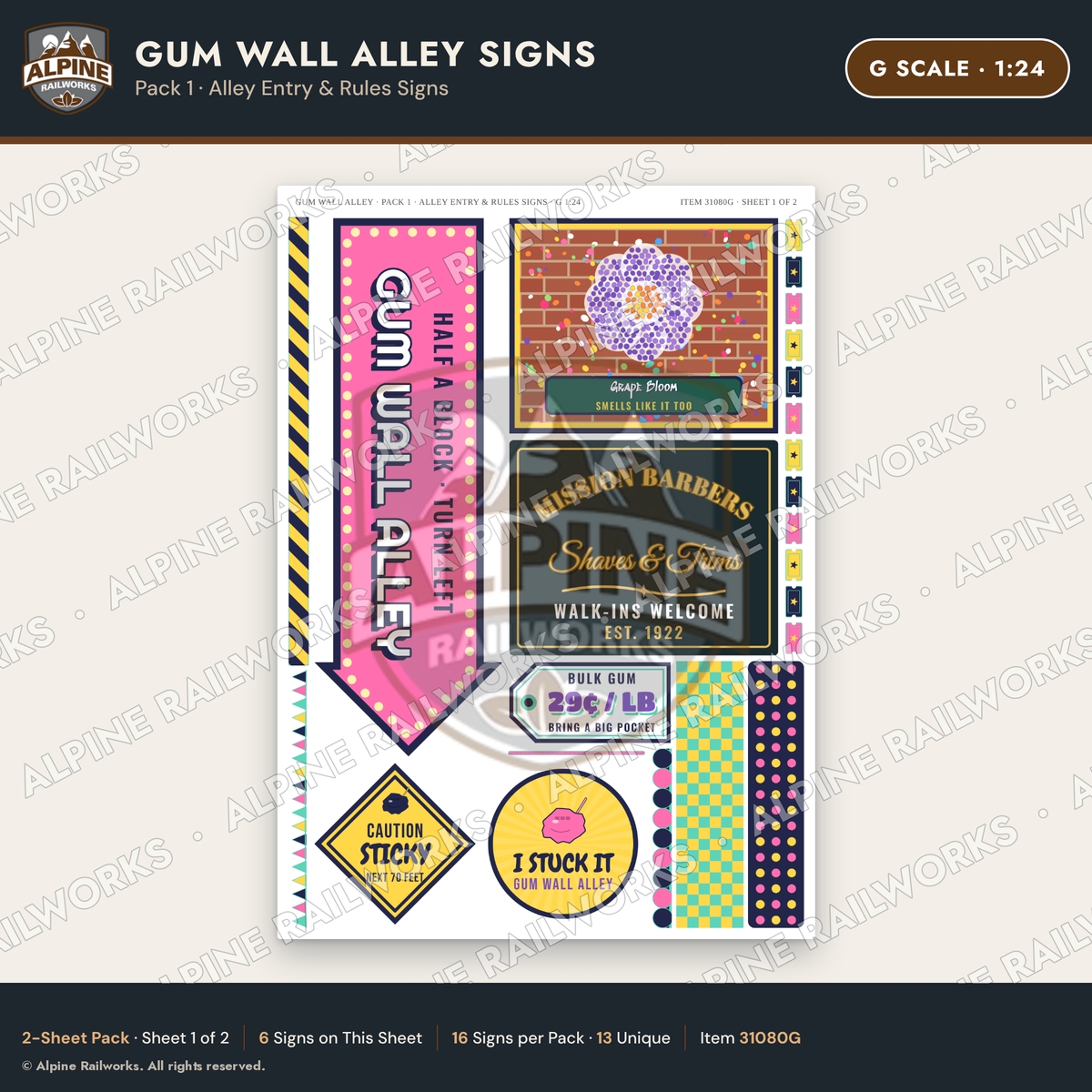 Alpine Railworks 31080G G Scale Roadside Signs - Bubblegum Alley