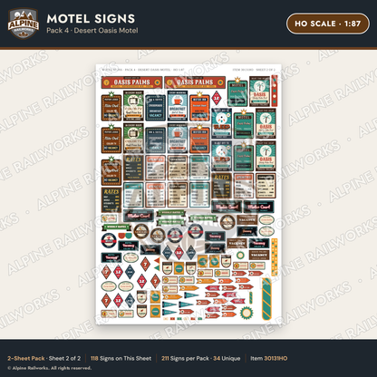 Alpine Railworks 30131HO HO Scale Motel Signs - Desert Oasis Motel