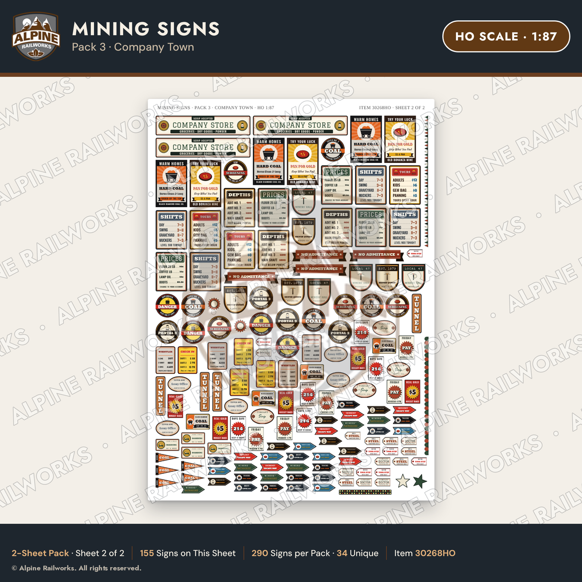 Alpine Railworks 30268HO HO Scale Mining Signs - Company Town